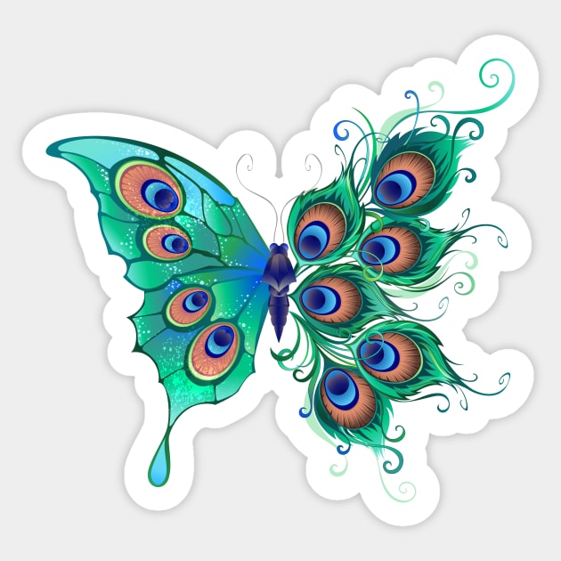 Butterfly with Green Peacock Feathers Sticker by Blackmoon9